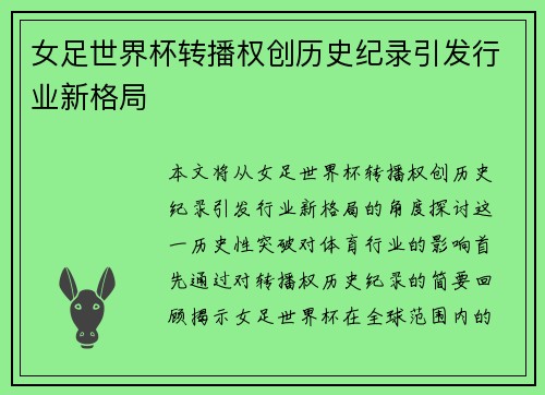 女足世界杯转播权创历史纪录引发行业新格局 女足世界杯转播权创历史纪录引发行业新格局