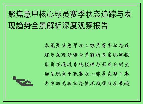 聚焦意甲核心球员赛季状态追踪与表现趋势全景解析深度观察报告 聚焦意甲核心球员赛季状态追踪与表现趋势全景解析深度观察报告