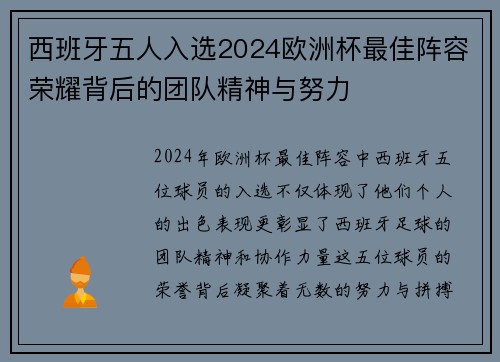 西班牙五人入选2024欧洲杯最佳阵容荣耀背后的团队精神与努力 西班牙五人入选2024欧洲杯最佳阵容荣耀背后的团队精神与努力