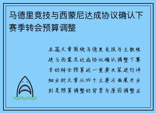 马德里竞技与西蒙尼达成协议确认下赛季转会预算调整